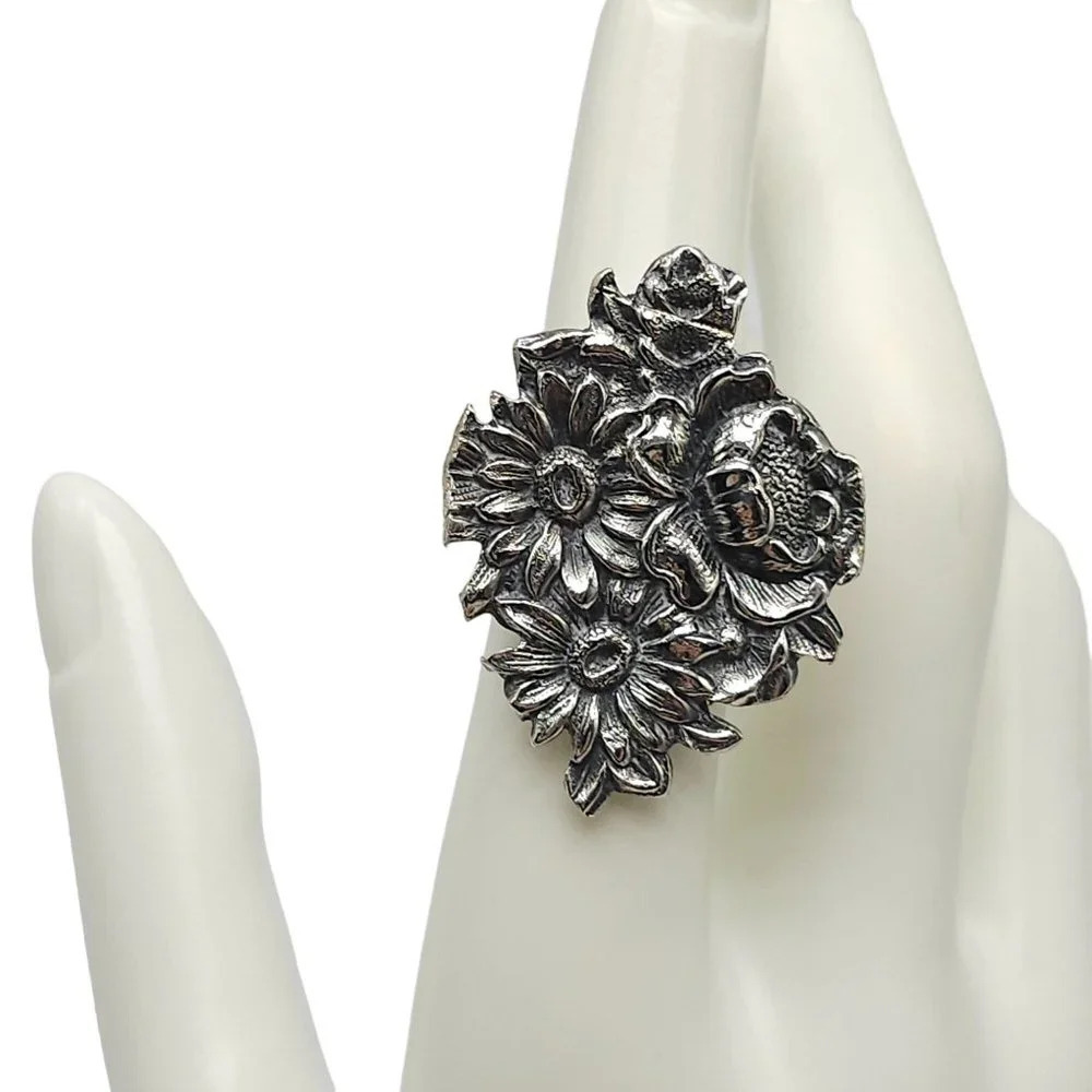 Bettina Sterling Silver Sunflower Cluster Ring Adjustable Vintage 6.5